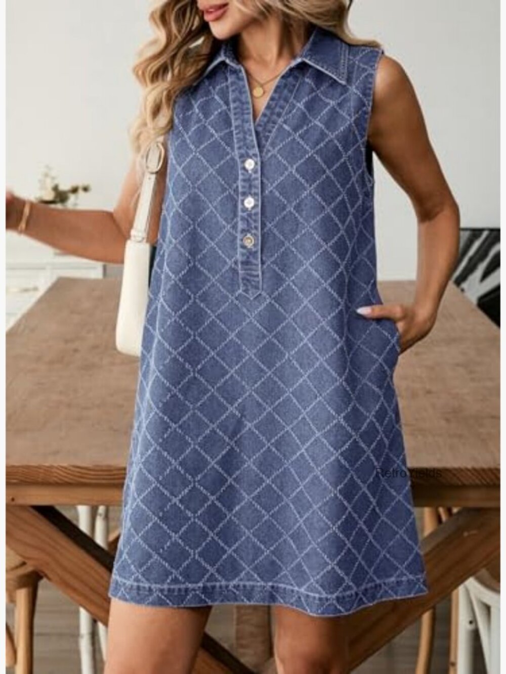 Sleeveless V-Neck Button Mini Jean Dress with Pockets - Picture 3 of 7